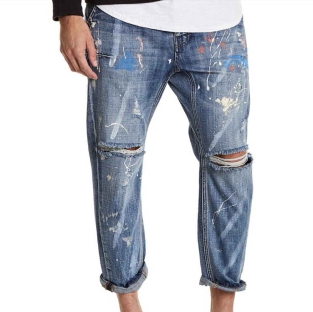 NWT Man x one teaspoon blue suede Mr browns paint splatter jeans